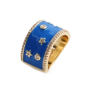 Fashionable gold wide band star ring with blue enamel and sparkling zircon stones