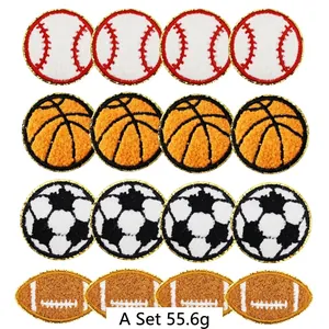 Detailed set of 16 chenille sport patches including baseball, basketball, and soccer themes