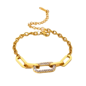 Gold titanium steel link bracelet with zircon pavé rectangle link and lobster clasp closure