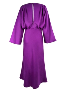 Detailed view of the deep purple satin maxi dress featuring a V-neck and pleated waist
