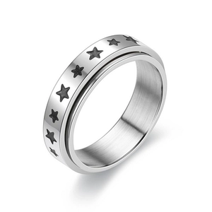Detailed view of silver titanium steel ring with black star patterns for stress relief