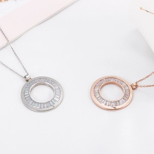Titanium steel necklaces in silver and rose gold with circular zircon inlaid pendants