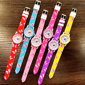 Detailed overhead view of butterfly print silicone strap quartz watches for girls in six colors