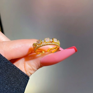 Elegant gold double layer adjustable open ring with square cubic zirconia for women