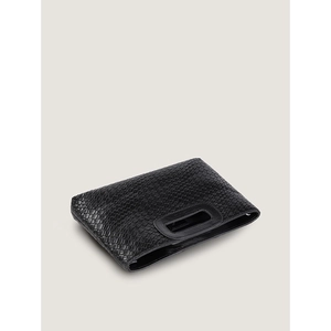 Detail of black woven texture and oval hollow handle on stylish PU leather clutch bag