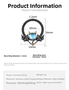 Size chart for 1.2mm gothic nose ring with bat wings design and blue bead accent