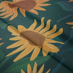 Detailed close-up of velvet sunflower tapestry fabric showing soft texture and rich colors