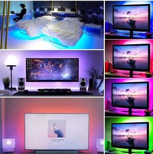 Collage of colorful 5V 5050 RGB LED strip lights illuminating bedroom and TV background