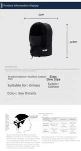 Size chart and measurements for the thermal black cotton windproof winter trapper hat