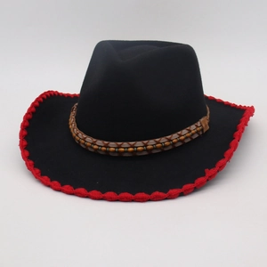 Western Cowboy Hat Wide Brim Cotton Polyester Scalloped Trim Ethnic Beaded Band Vintage Sun Protection Jazz Fedora