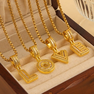 Korean Style Gold Plated Titanium Steel Box Chain Necklace For Women Initial 26 Letter Copper Pendant With Zirconia Inlaid Jewelry