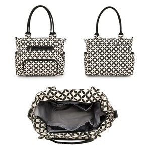Macro view of 7-piece diaper bag showing large capacity compartments and geometric pattern