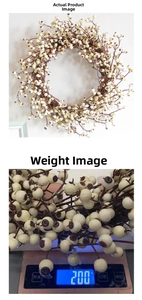 Detail view of white berry Christmas wreath showing hanging display and weight measurement