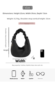 Detailed sizing guide and capacity list for the corduroy drawstring shoulder bag for women