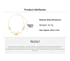 Detailed view of floral rhinestone necklace showing 45cm size and 32.7g weight specs