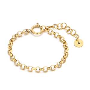Polished 18k gold plated stainless steel pearl bracelet with an initial A letter charm