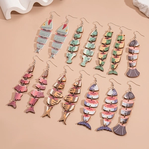 Unique fishbone drop earrings with colorful prints for beach vacations and bohemian styling