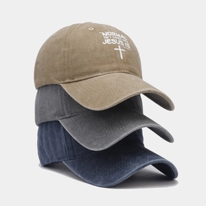 Three vintage washed cotton baseball caps with religious text print in khaki, gray and navy