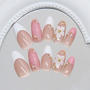French blush press-on nails with 3D pearl flowers and pink gradient design
