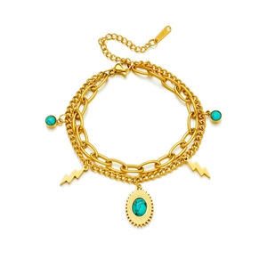 Double-layered gold stainless steel bracelet with turquoise stone and lightning charms