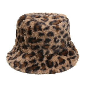 Detail shot of leopard print faux fur bucket hat showing soft plush texture and pattern
