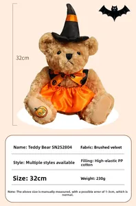 Detail of 32cm Halloween witch teddy bear showing size specs and pumpkin dress details