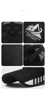 Detail view of breathable black mesh fabric and Fashion Sport logo on a sun hat