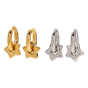 Pair of 18k gold and silver plated stainless steel star drop earrings on white background