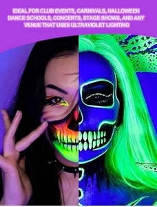 UV neon face paint palette comparison showing glowing effects in dark light for makeup