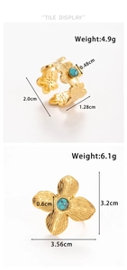Detailed view of adjustable gold-tone flower rings with turquoise stone inlay measurements