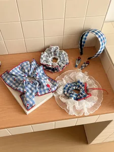 Blue and white checkered hair accessories set with cherry print and lace details