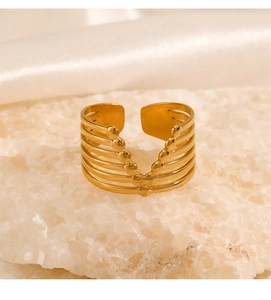 Detailed macro view of a 6-layer gold-plated stainless steel V-shaped open ring