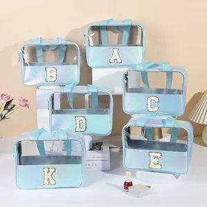 Irisierendes Laser-Kosmetiktaschen-Set mit Glitzer-Buchstaben und transparentem PVC