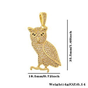 Detailed size specifications for gold owl pendant with crystal stones and 4g weight