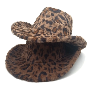 Chic leopard print faux fur wide-brim cowboy hat for women in autumn and winter