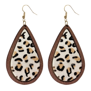 Leopard print horsehair and wood teardrop earrings in a bohemian style for women