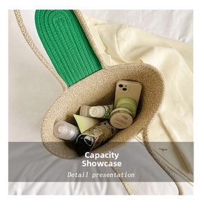 Top view of woven tote bag with green bunny ears showing large interior storage space