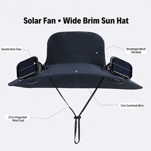 Solar powered double fan wide brim sun hat for outdoor fishing and hiking in navy blue