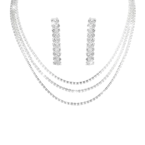 Detail of four-layer silver rhinestone necklace and earring set for bridal jewelry
