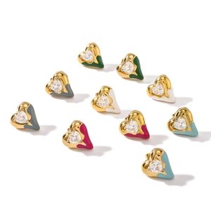 Gold-plated stainless steel heart earrings with colorful enamel and zircon inlays