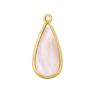 Detail of pink-white mother-of-pearl teardrop pendant with gold-plated metal frame