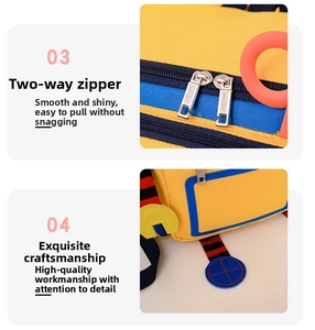 Detail of metal dual zippers with brand logo and reinforced stitching on yellow backpack