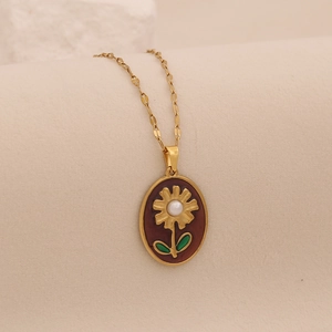 Vintage stainless steel sunflower necklace with red enamel and white pearl pendant