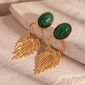 Retro gold earrings with green oval resin stone and cascading metallic tassel fringe