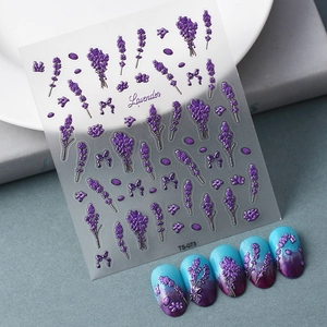 Lavender 5D Embossed Nail Art Stickers Waterproof Purple Flower Floral Bow Design DIY Manicure Decoration