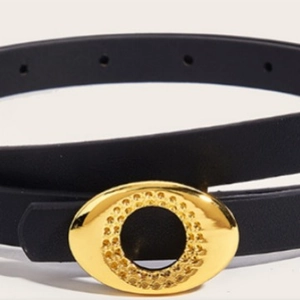 Women minimalist black leather belt with golden oval buckle for jeans and trousers