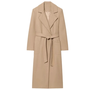 Classic camel wool blend long coat with notched lapels and matching belt in plain view