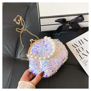 Mini evening handbag with iridescent white sequins, pearl handle and gold chain strap