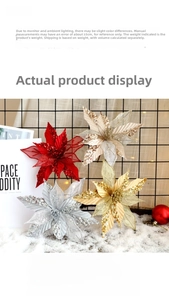 Detailed view of festive artificial poinsettia flowers with glitter sequins for Christmas
