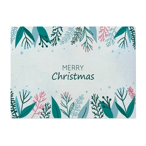 Detailed texture of waterproof linen Christmas placemat with blue floral botanical print
